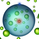 An electron in blue orbits a nucleus in red. Other atoms in green